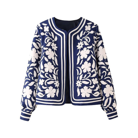 Damen Leichte Blousonjacke im floralen Muster mit Rundhals, Balloonärmeln und kontrastierenden Streifen Nord Taschen