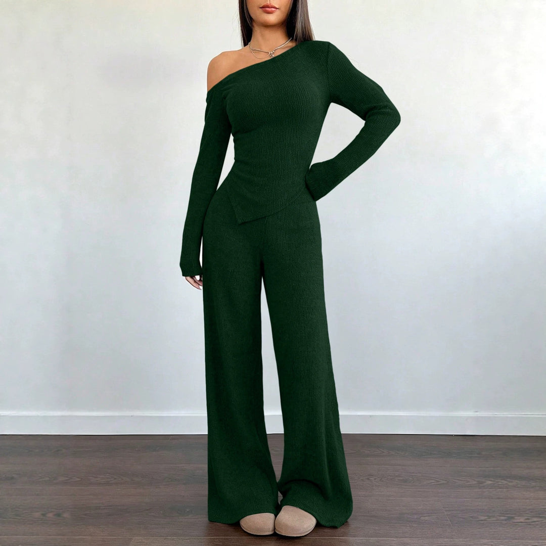 Damen Asymmetrisches Strick-Lounge-Set mit One-Shoulder-Oberteil und weitem Bein Nord Taschen