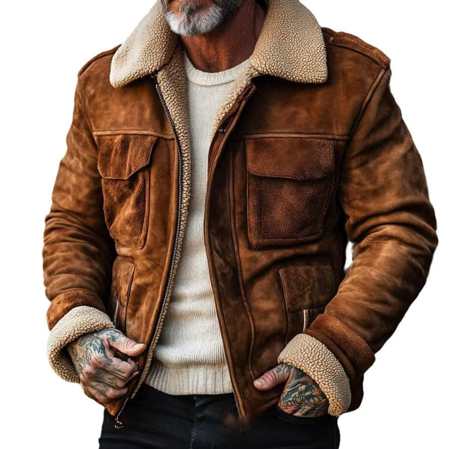 Herren Fliegerjacke aus Veloursleder mit Teddyfutter und aufgesetzten Pattentaschen Nord Taschen
