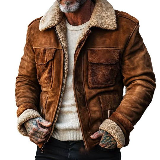 Herren Fliegerjacke aus Veloursleder mit Teddyfutter und aufgesetzten Pattentaschen Nord Taschen