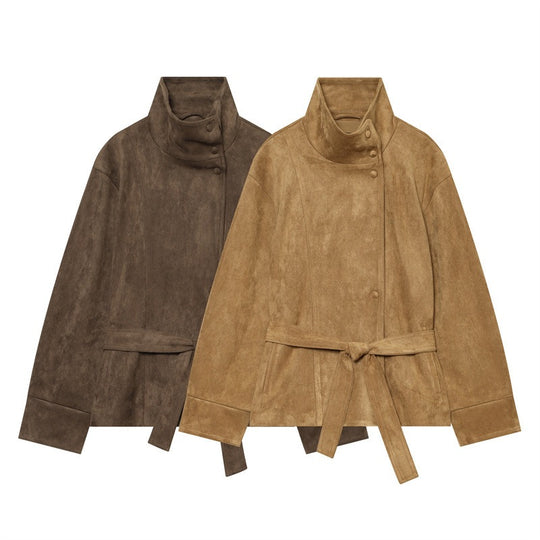 Damen Kurzjacke im Boxy-Cut aus Velourslederoptik mit hohem Stehkragen und Bindegürtel Nord Taschen