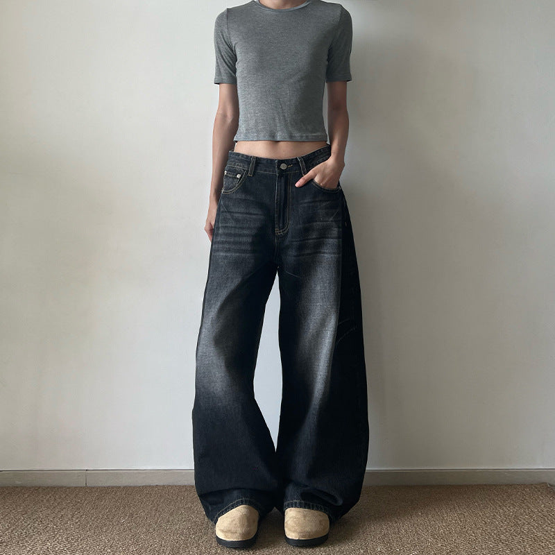 Damen Ultraweite Vintage-Denim Marlene-Jeans mit soften Used-Falten und bodenlangem Saum Nord Taschen