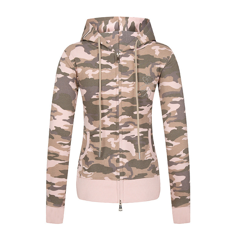 Damen Kapuzen-Sweatjacke mit zweiseitigem Reißverschluss, Camouflage-Print und Strass‑Schmetterling Nord Taschen