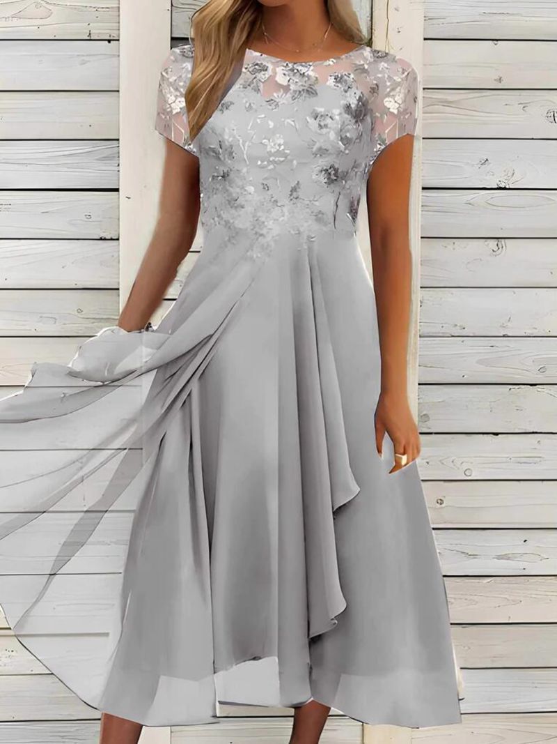 Damen nan elegantes Chiffon-Midikleid mit floraler Spitzenapplikation und fließendem Tellerrock Avellé