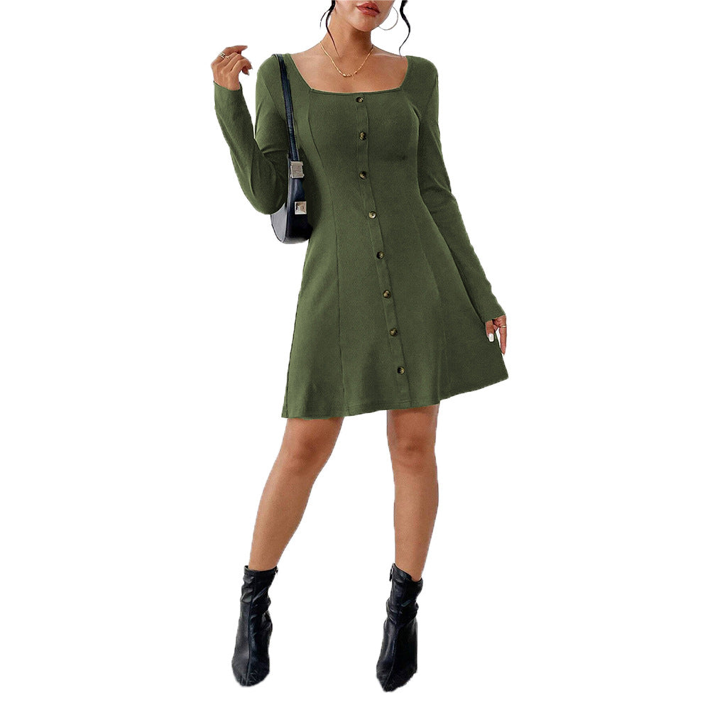 Damen ausgestelltes Strick‑Korsagenkleid mit durchgehender Knopfleiste, Square‑Neck und figurformenden Teilungsnähten Nord Taschen