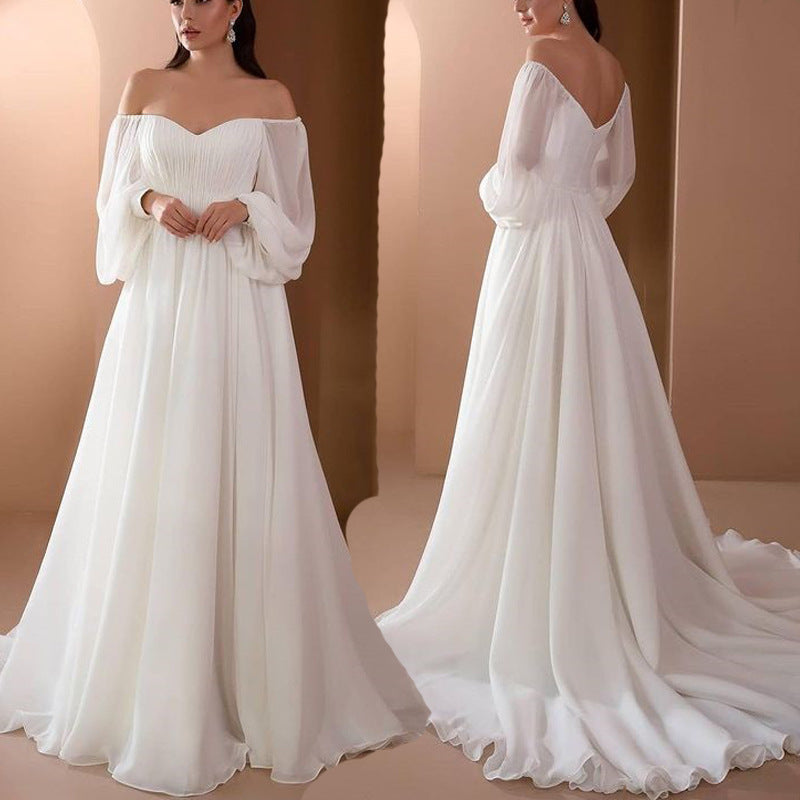 Romantisches Off-Shoulder Langarm Weißes Brautkleid für Hochzeit | Nord Taschen