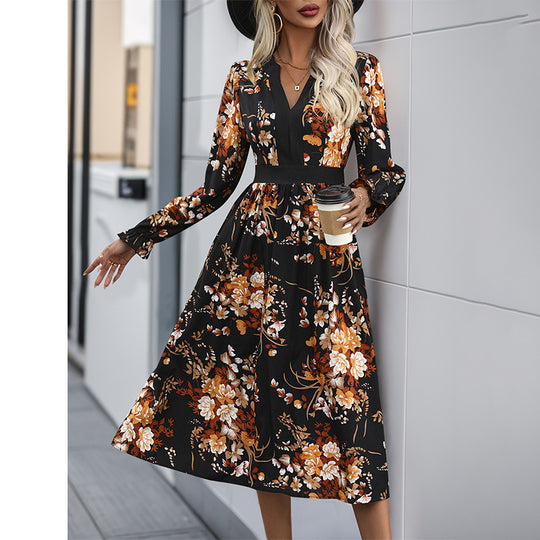 Damen Midikleid mit tailliertem Bund, V‑Ausschnitt, langen Ärmeln und floralem Allover‑Print Nord Taschen