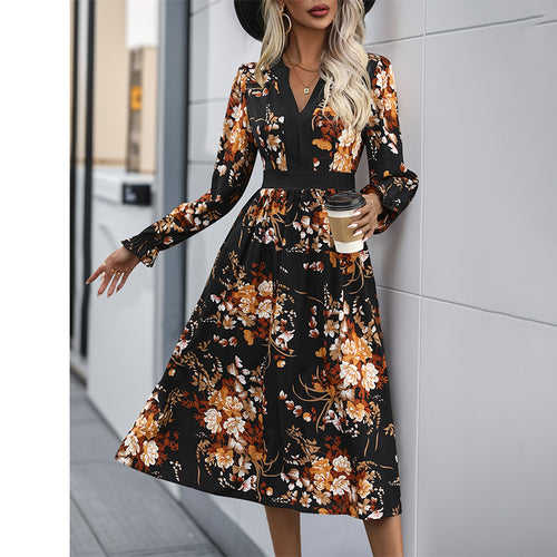 Damen Midikleid mit tailliertem Bund, V‑Ausschnitt, langen Ärmeln und floralem Allover‑Print Nord Taschen