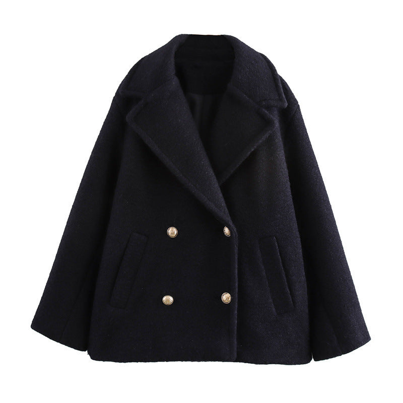 Damen Kurzer doppeltreihiger Wollmix-Peacoat mit weitem Revers Nord Taschen