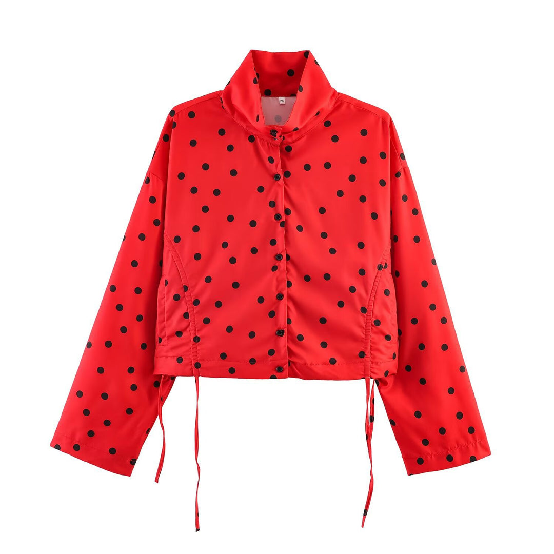 Damen Gepunktete Cropped-Utility-Jacke mit Stehkragen und Tunnelzug Nord Taschen