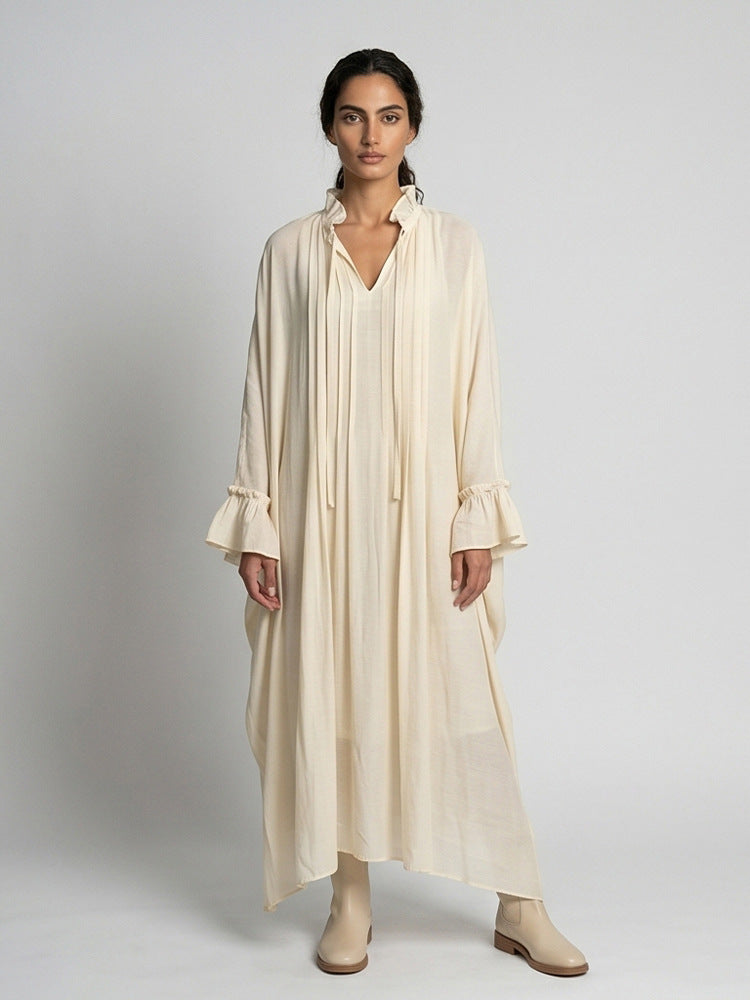 Damen Maxikleid im Kaftan-Stil mit Rüschenkragen, Bindebändern und voluminösen Ärmeln Nord Taschen