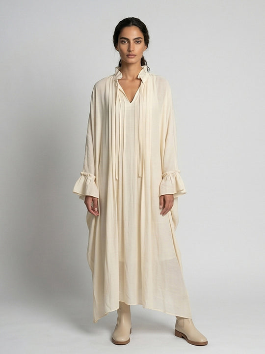 Damen Maxikleid im Kaftan-Stil mit Rüschenkragen, Bindebändern und voluminösen Ärmeln Nord Taschen