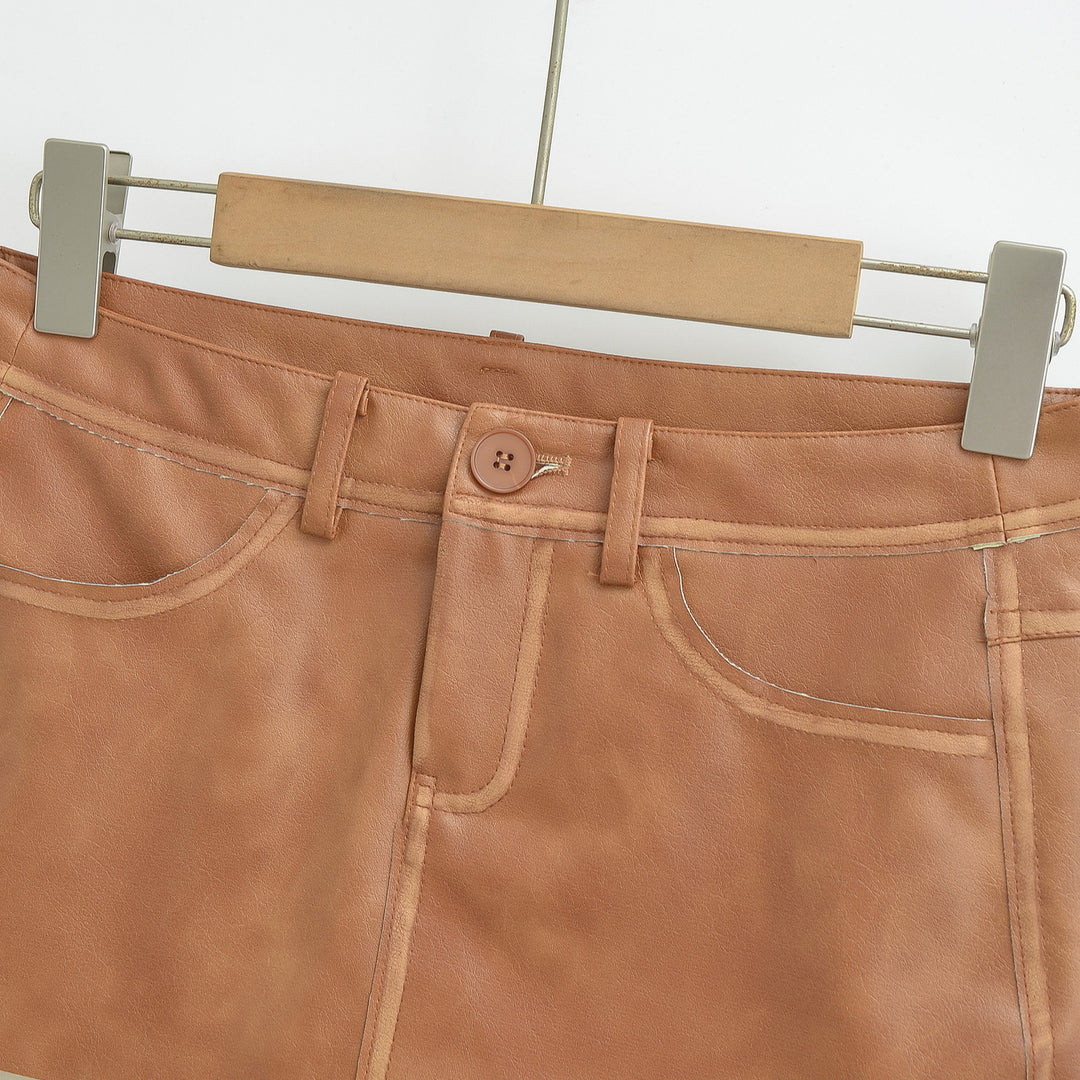 Damen Hochtaillierter Lederoptik-Minirock mit Ziernähten und Gürtelschlaufen Nord Taschen