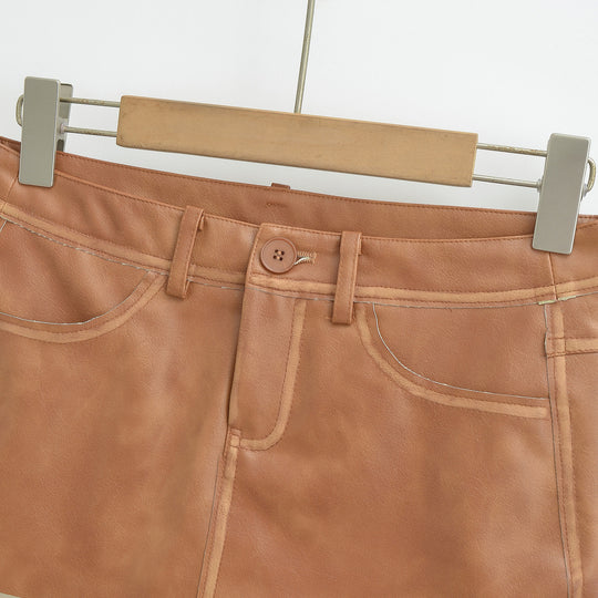 Damen Hochtaillierter Lederoptik-Minirock mit Ziernähten und Gürtelschlaufen Nord Taschen