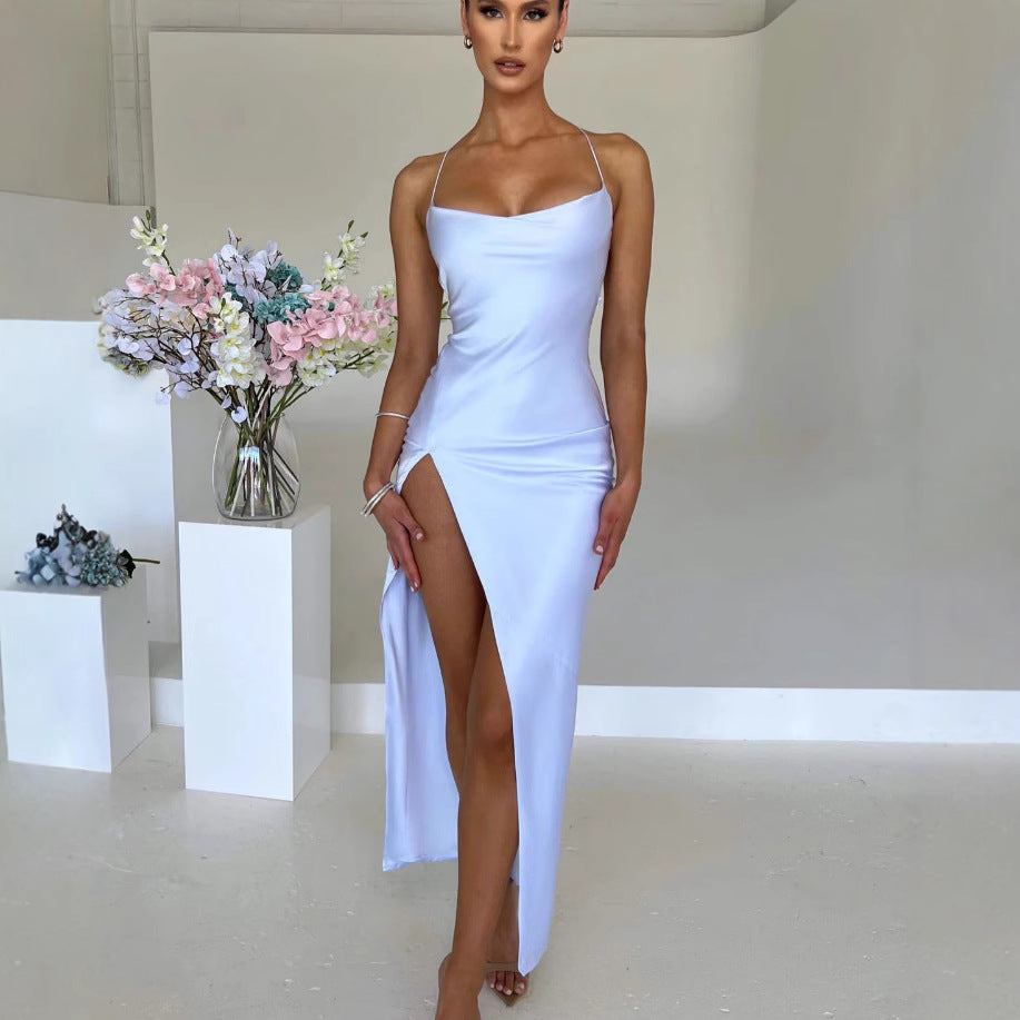Damen Elegantes Maxikleid mit schmalen Spaghettiträgern und seitlichem Schlitz