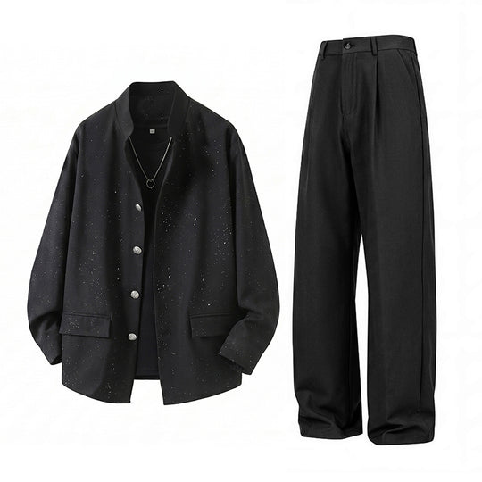 Herren Zweiteiliges Oversize-Lounge-Set mit gesprenkelter Übergangsjacke und weiter Bundfaltenhose Nord Taschen