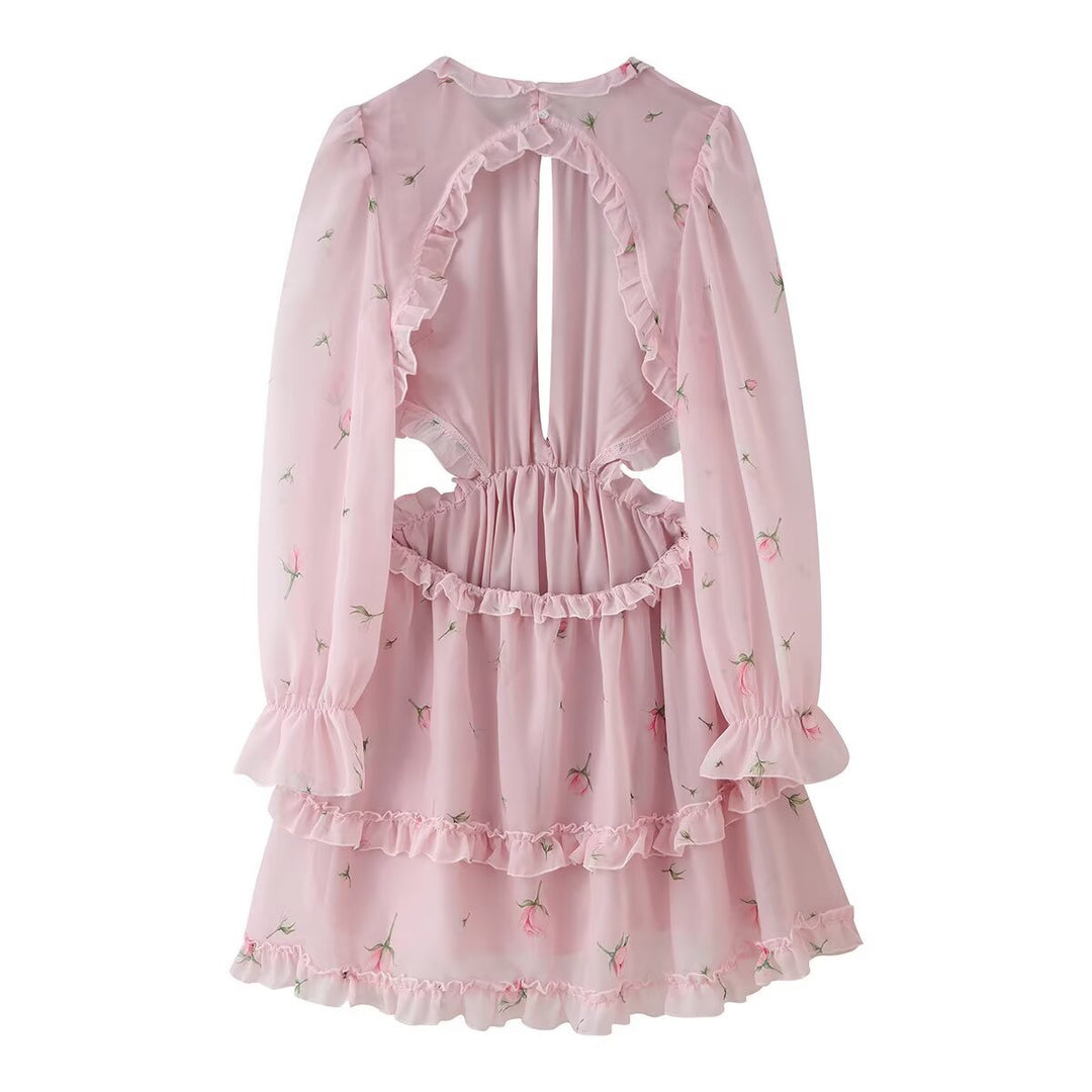 Damen Romantisches Chiffon-Minikleid mit Taillen-Cutouts, Volants und Puffärmeln Nord Taschen