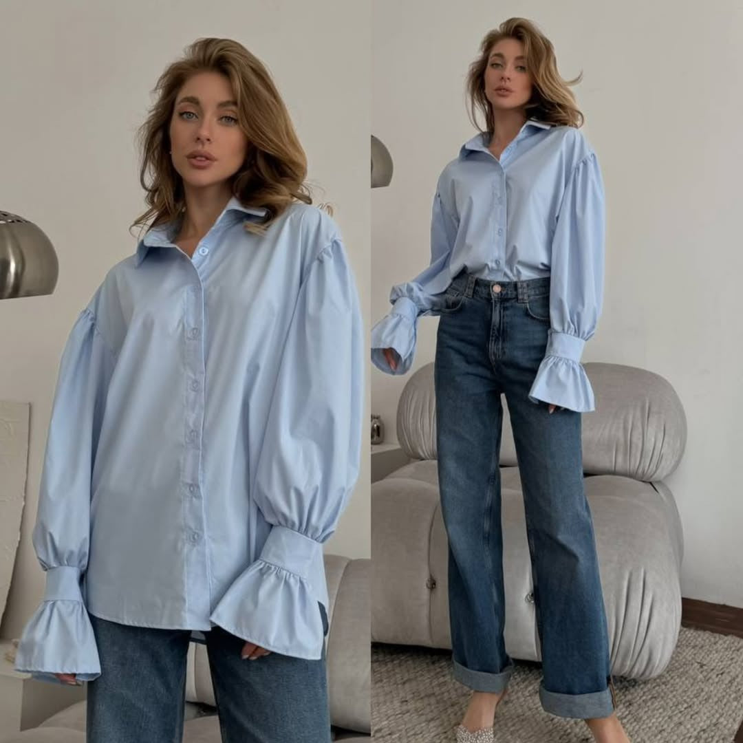 Damen Oversized-Bluse mit Volant-Manschetten und Ballonärmeln Nord Taschen
