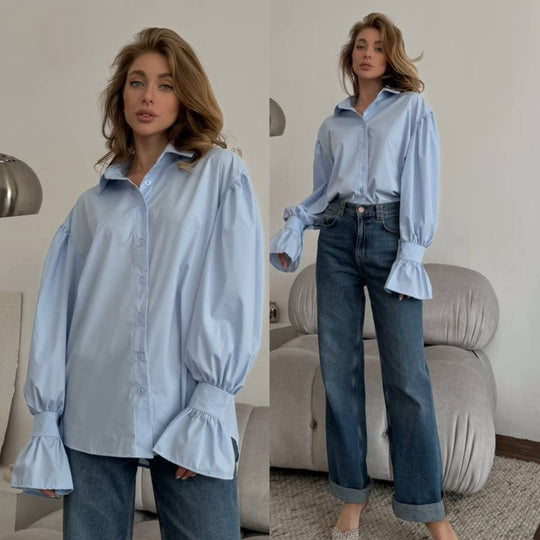 Damen Oversized-Bluse mit Volant-Manschetten und Ballonärmeln Nord Taschen