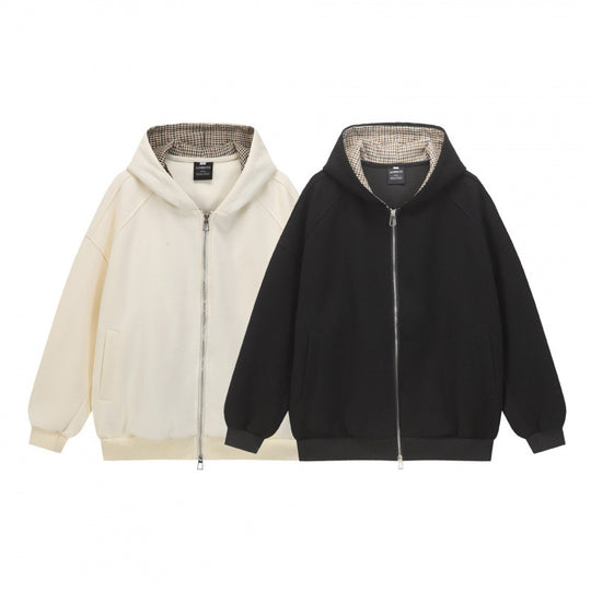 Unisex Oversize Kapuzen-Sweatjacke mit Karofutter, durchgehendem Reißverschluss und geripptem Saum Nord Taschen