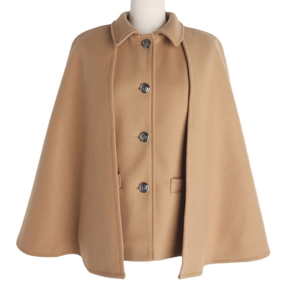 Damen Kurzer Wollmix-Cape-Mantel mit Hemdkragen und aufgesetzten Taschen Nord Taschen