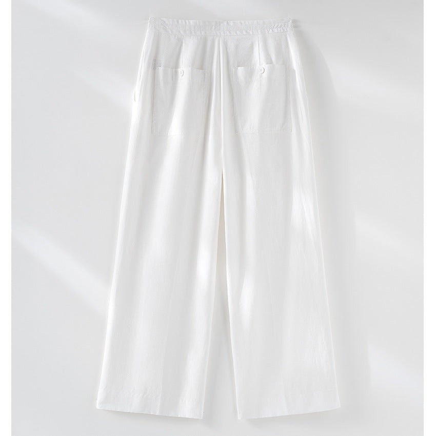 Damen Culotte-ähnliche Leinenhose mit Tunnelzug, Bundfalten und geradem Bein Nord Taschen