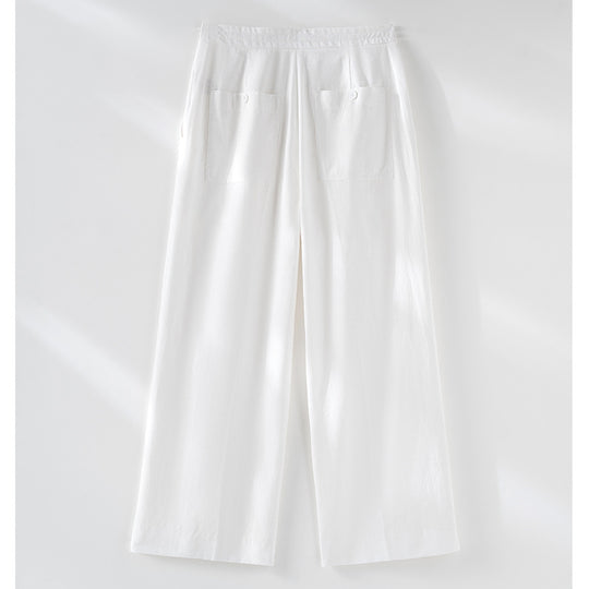 Damen Culotte-ähnliche Leinenhose mit Tunnelzug, Bundfalten und geradem Bein Nord Taschen