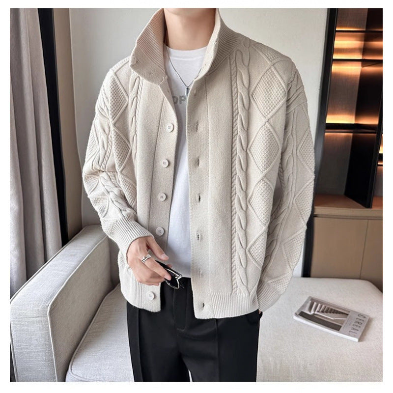 Herren Lockere Strick-Cardigan mit hohem Stehkragen und Zopfmuster Nord Taschen