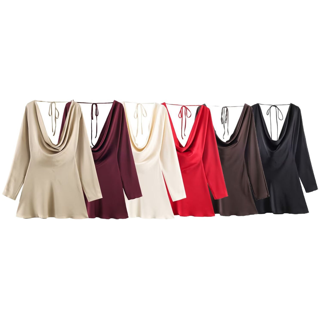 Damen Kurzes Satin-Minikleid mit tiefem Wasserfall‑Rücken, V‑Ausschnitt vorne und langen Ärmeln Nord Taschen