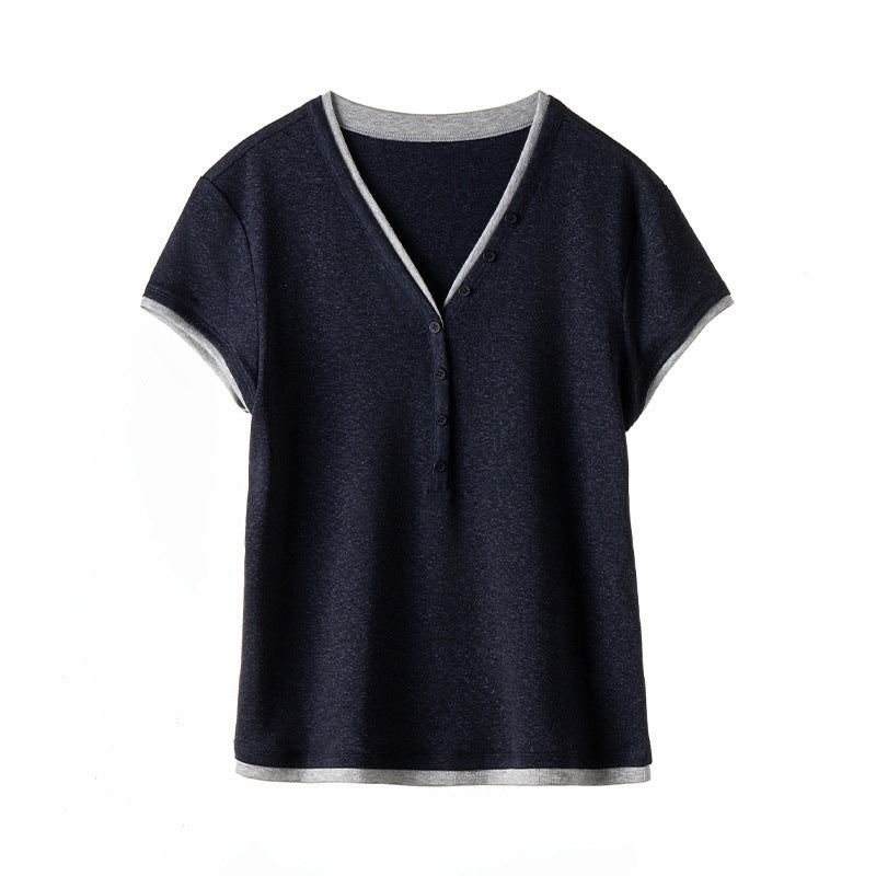 Damen Kurzärmeliges V-Ausschnitt-Henley-Shirt aus Stretch-Jersey mit feiner Knopfleiste Nord Taschen