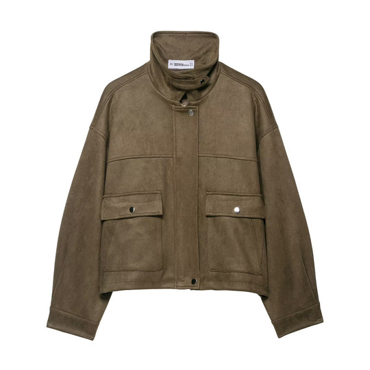 Damen Kurzjacke aus Veloursimitat mit hohem Funnelkragen und Pattentaschen Nord Taschen