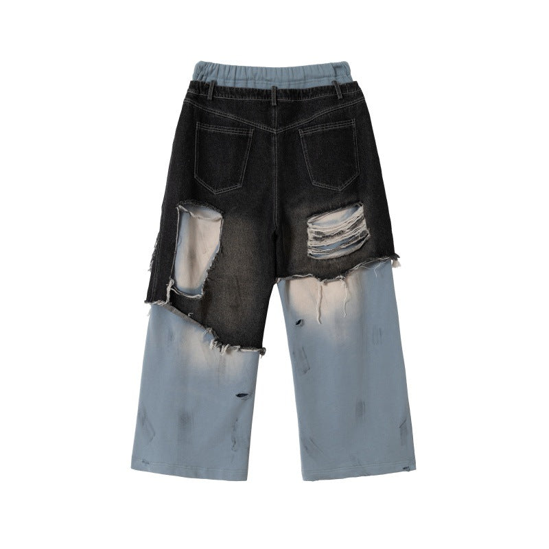 Unisex Patchwork-Jeans-Hybridhose im Oversized-Cut mit elastischem Bund, Destroy-Effekten und weitem Bein Nord Taschen