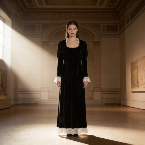Damen Samt-Maxikleid mit quadratischem Ausschnitt, Spitzenbesatz und Puffärmeln Nord Taschen