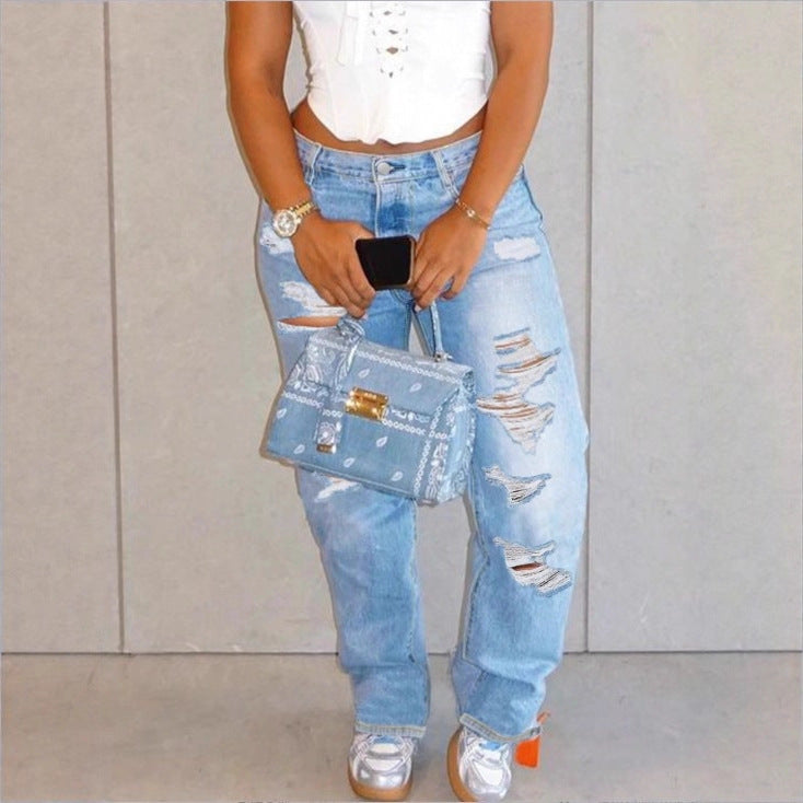 Damen Hochtaillierte Relaxed-Fit Straight-Jeans mit ausgeprägten Destroyed-Details Nord Taschen
