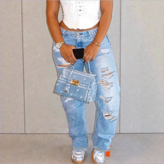 Damen Hochtaillierte Relaxed-Fit Straight-Jeans mit ausgeprägten Destroyed-Details Nord Taschen