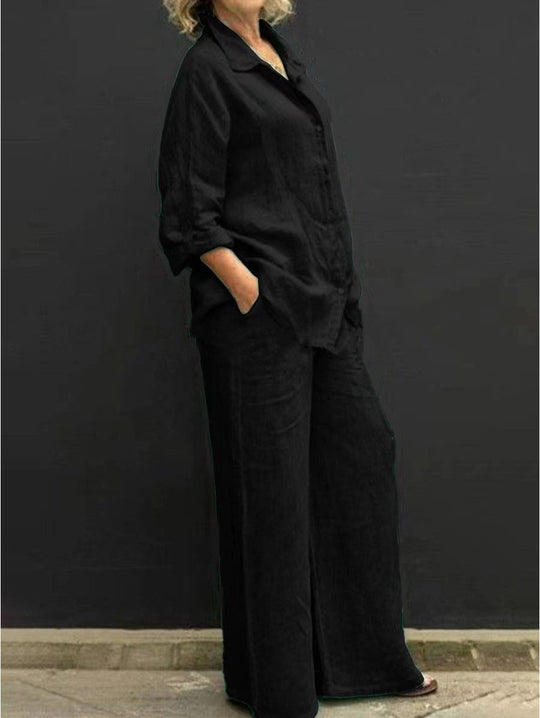 Damen Relaxed-Buttondown-Hemd und High-Waist-Palazzo im Leinenoptik Nord Taschen
