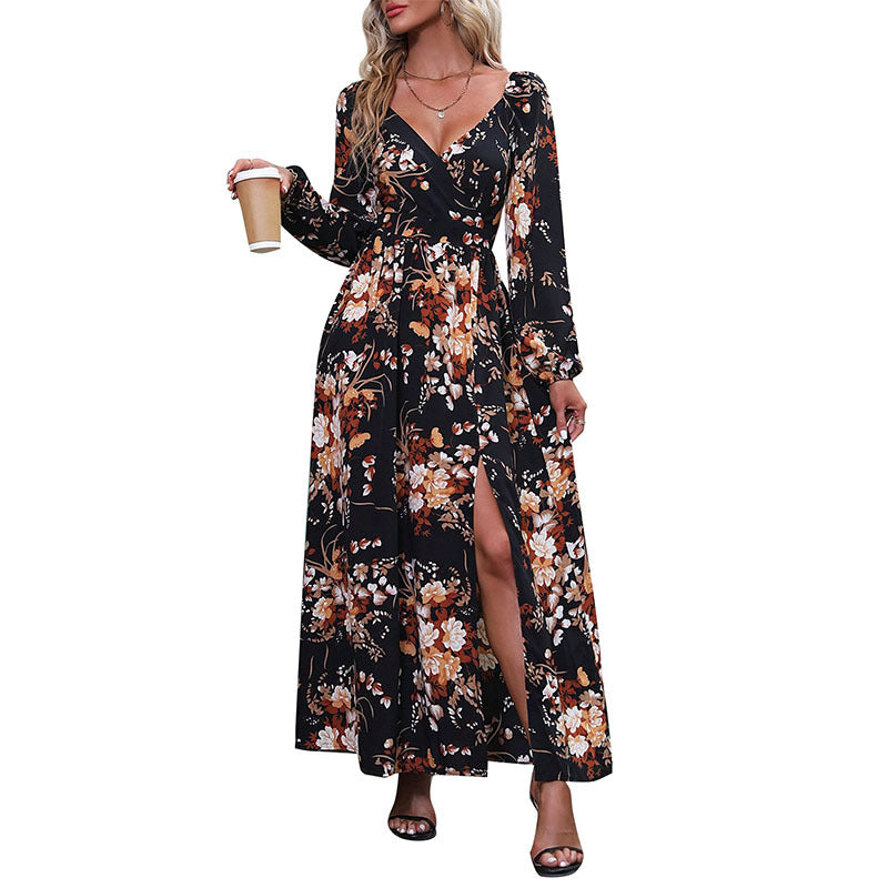 Damen Floral Maxikleid mit V-Ausschnitt und Rüschendetails Nord Taschen