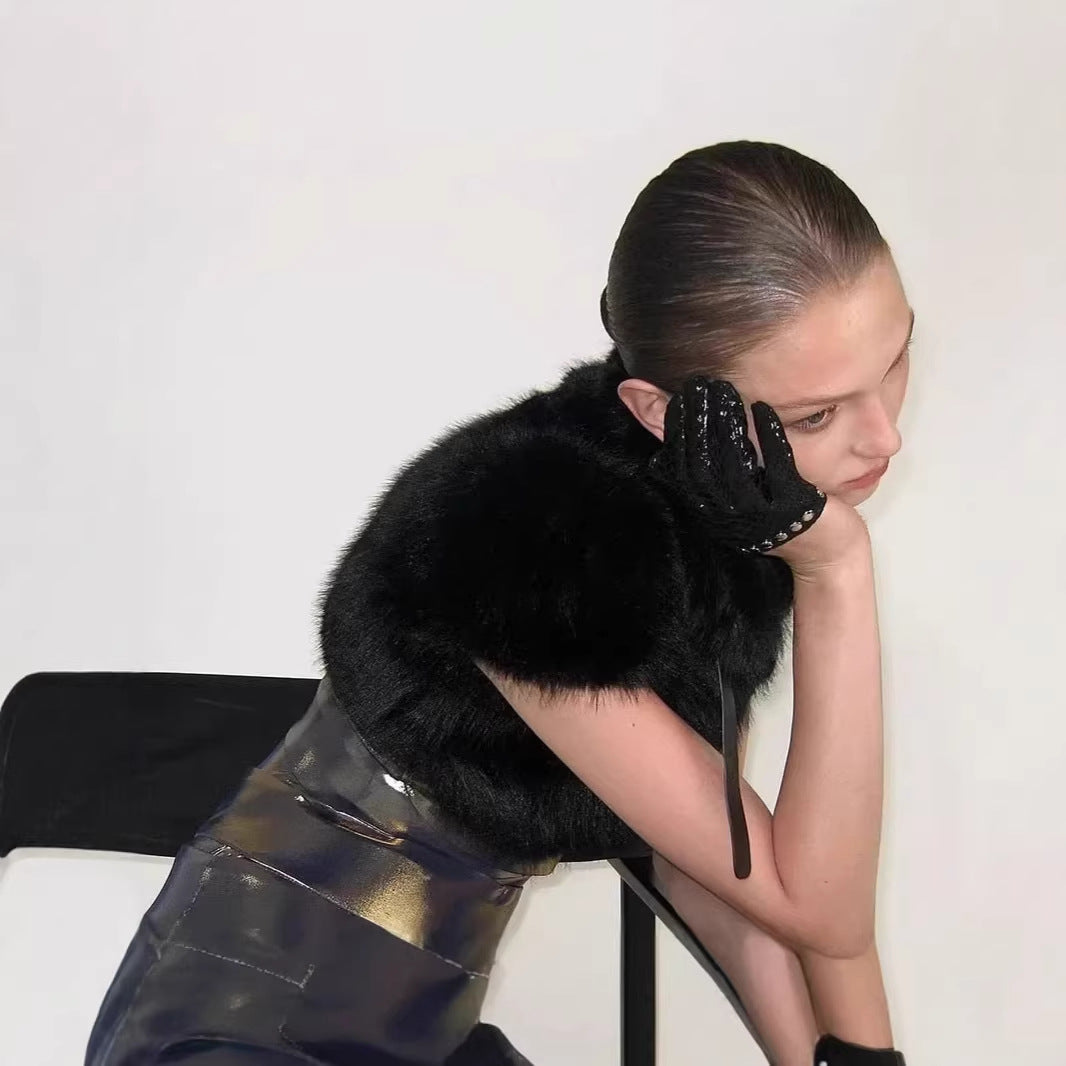 Damen Cropped Kunstpelz‑Bolero mit voluminösem Umlegekragen und Puffärmeln Nord Taschen