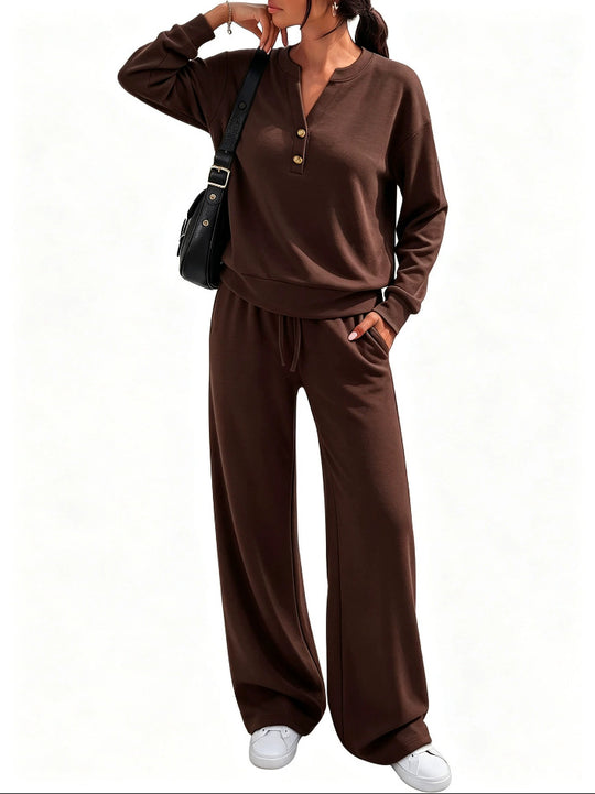 Damen Lounge-Set mit Henley-Kragen und palazzoweiter Jogginghose Nord Taschen