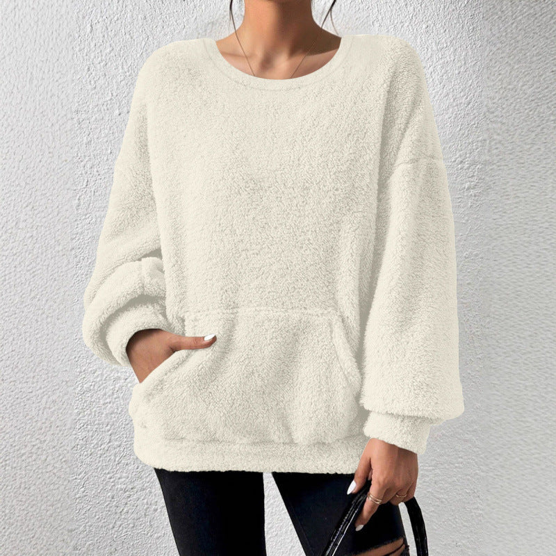 Damen Kuscheliger Oversize-Sherpa-Pullover mit Kängurutasche und Ballonärmeln Nord Taschen