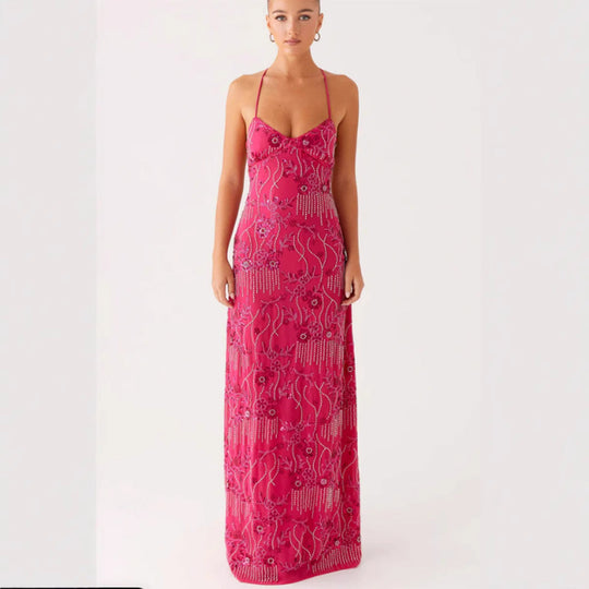 Damen Elegantes Maxikleid mit verführerischem V-Ausschnitt und funkelnden Applikationen Nord Taschen