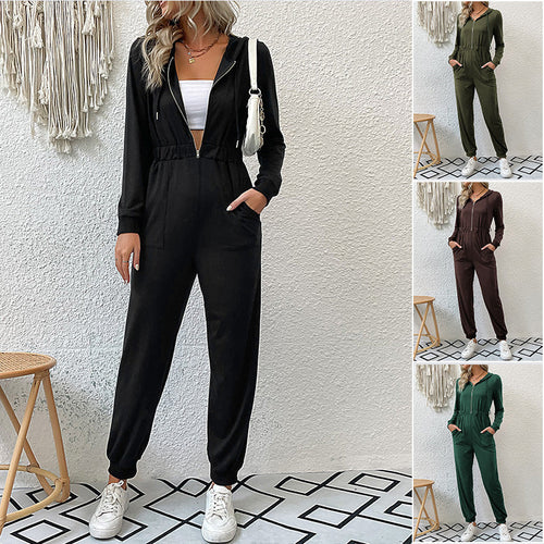 Damen Kapuzen-Jumpsuit mit Reißverschluss, elastischer Taillenpassform & Joggerbündchen Nord Taschen