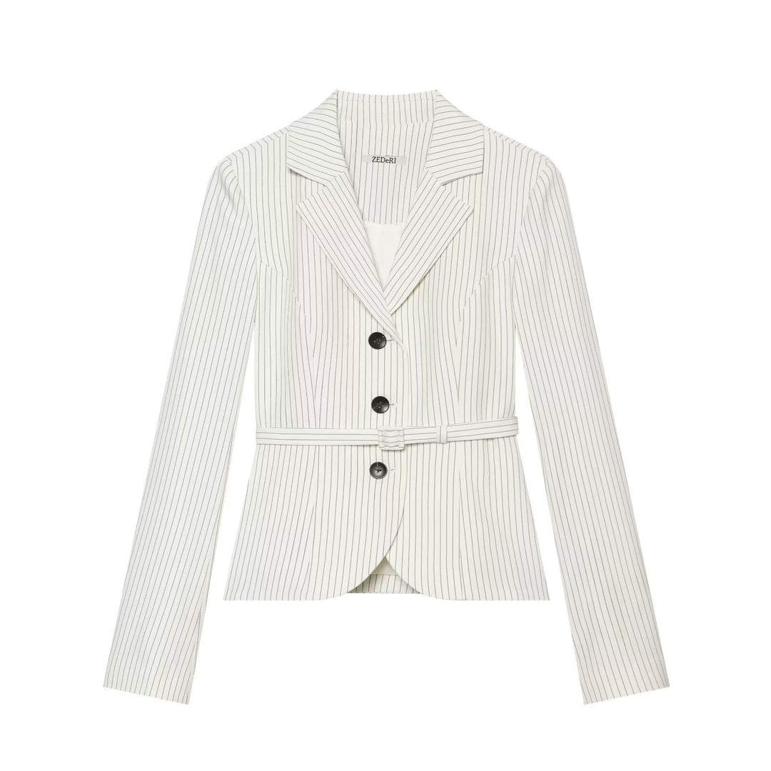 Damen Taillierter Nadelstreifen-Blazer mit Gürtel und Dreiknopfverschluss Nord Taschen