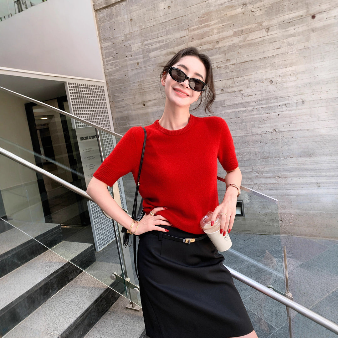 Damen Kurzarm-Feinstrickpullover mit Rundhalsausschnitt und schmaler Silhouette Nord Taschen