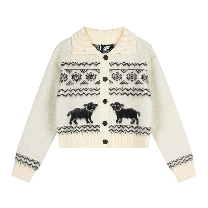 Damen Kurzgeschnittene Strickjacke im Norweger-Jacquard mit Reverskragen und Knopfverschluss Nord Taschen