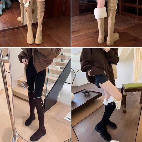 Damen Kniehohe Velours-Winterstiefel mit umklappbarer Schaftrand‑Fütterung und profilierter Lug‑Sohle Nord Taschen
