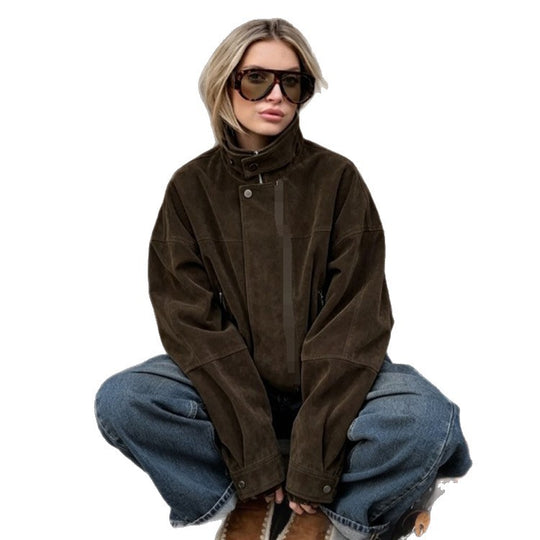 Damen Boxy-Suede-Bomberjacke mit hohem Stehkragen und elastischem Saum Nord Taschen