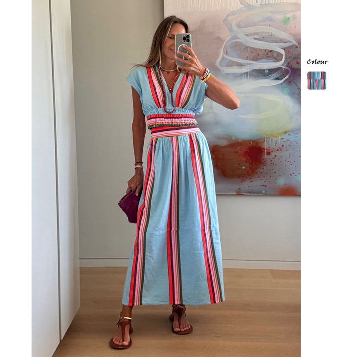 Damen Strandmaxi-Kleid mit elastischem Taillenbund und buntem Streifenmuster