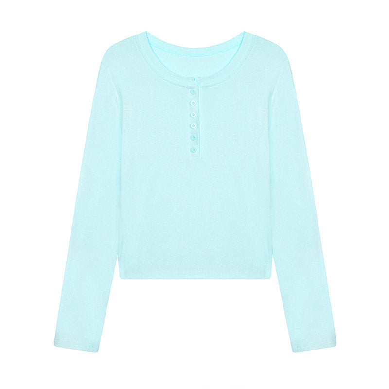 Damen Kurz geschnittenes Henley Langarmshirt aus Baumwolljersey mit Knopfleiste Nord Taschen