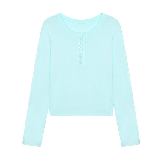 Damen Kurz geschnittenes Henley Langarmshirt aus Baumwolljersey mit Knopfleiste Nord Taschen